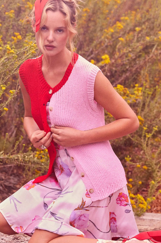 Double Date Colorblock Knit Buttoned Sweater Vest