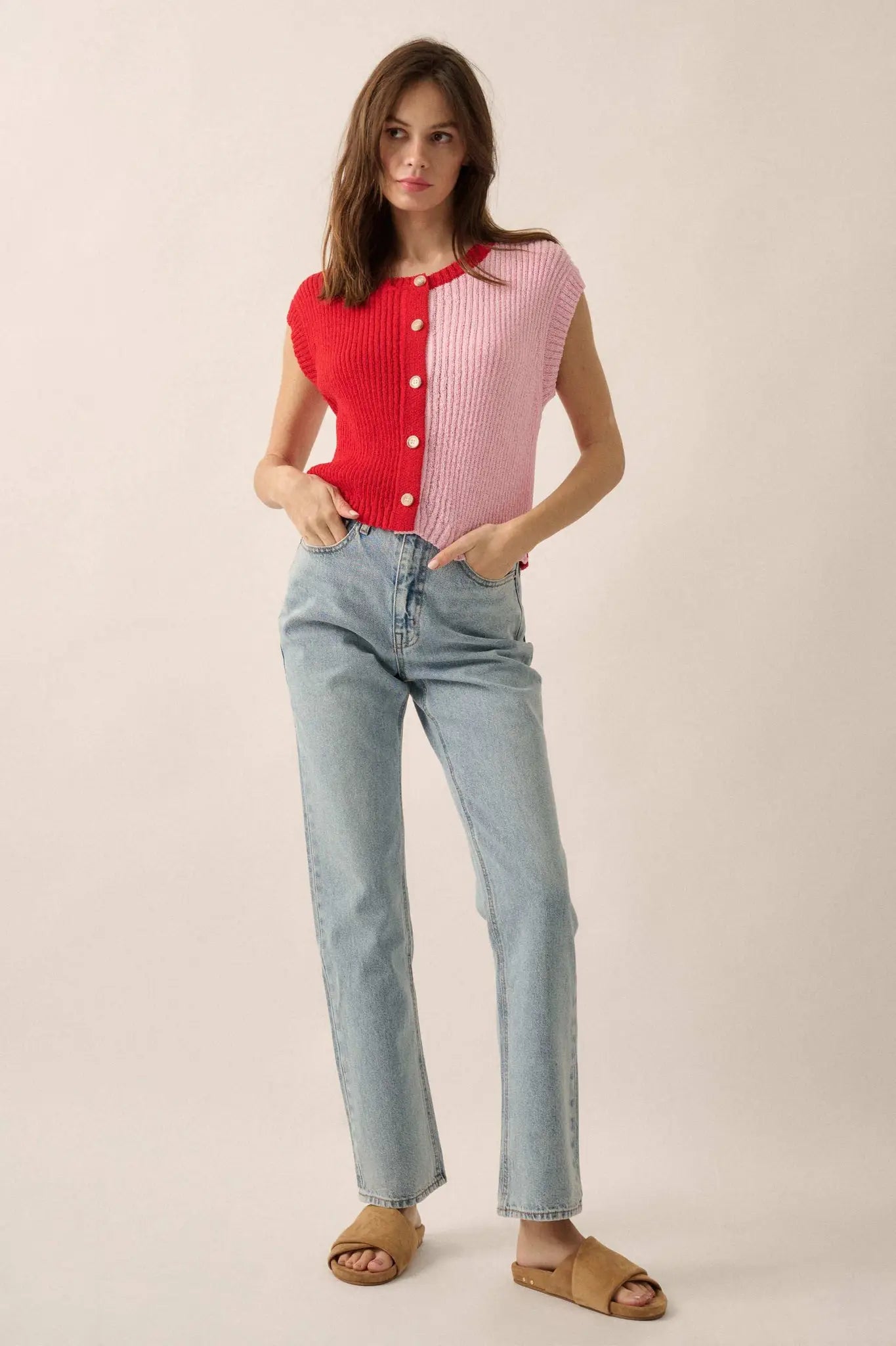 Double Date Colorblock Knit Buttoned Sweater Vest