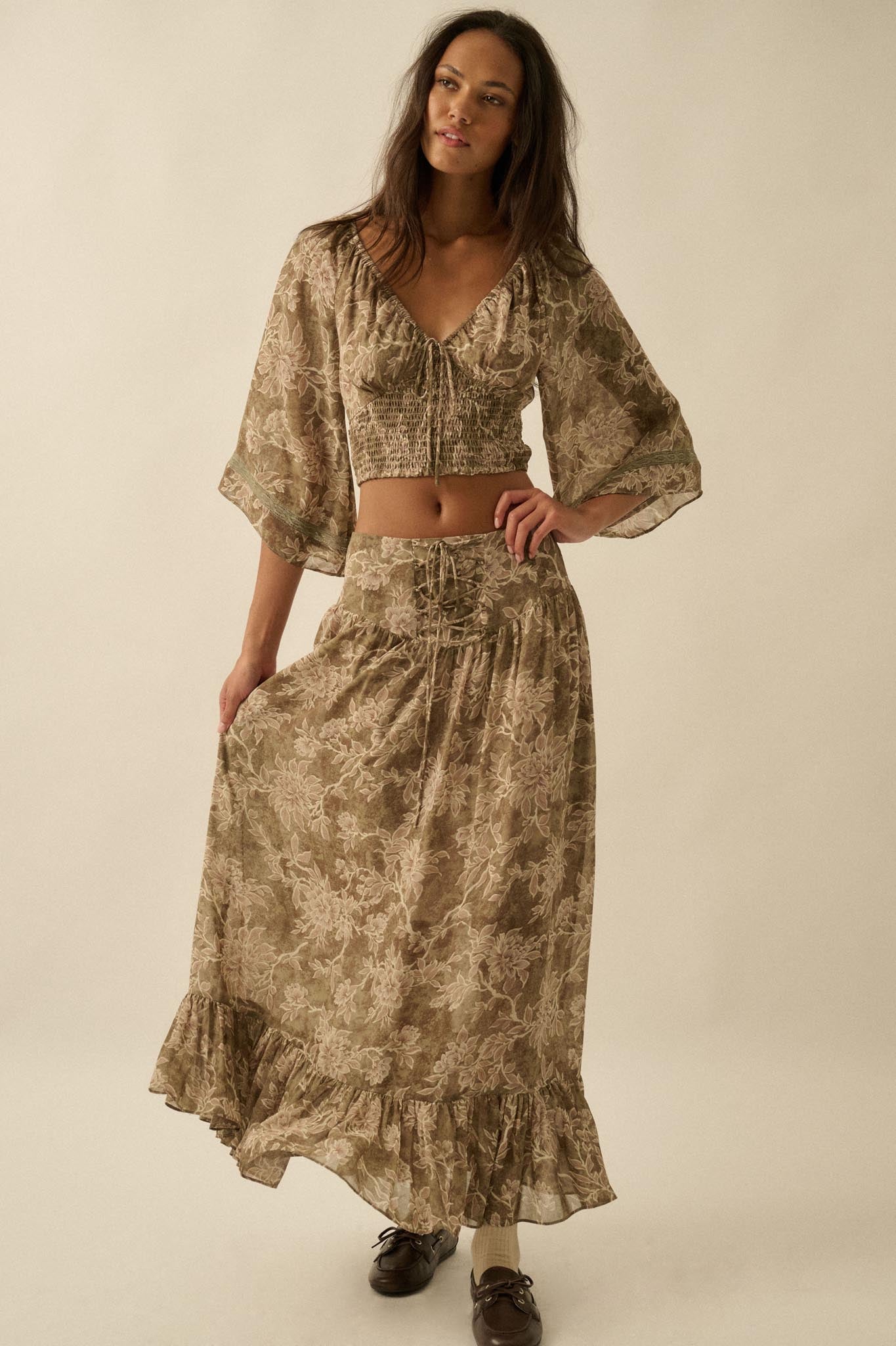Dearest Love Floral Chiffon Cropped Peasant Top