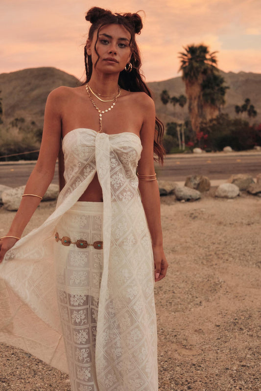 Pure Soul Floral Lace Strapless Flyaway Maxi Top