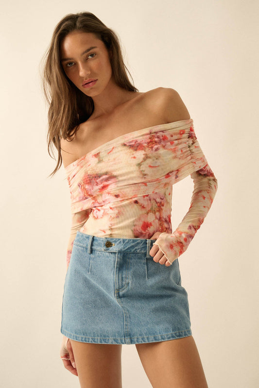 Always Rosy Floral Mesh Off-Shoulder Bodysuit