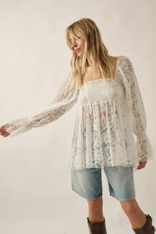 Baby Cakes Smocked Lace Square-Neck Babydoll Top