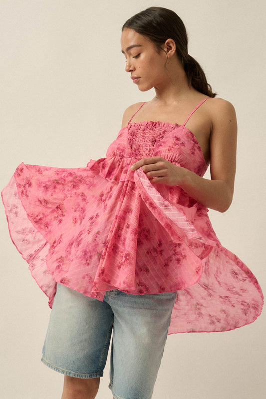 Full Bloom Striped Floral Chiffon Babydoll Cami Top