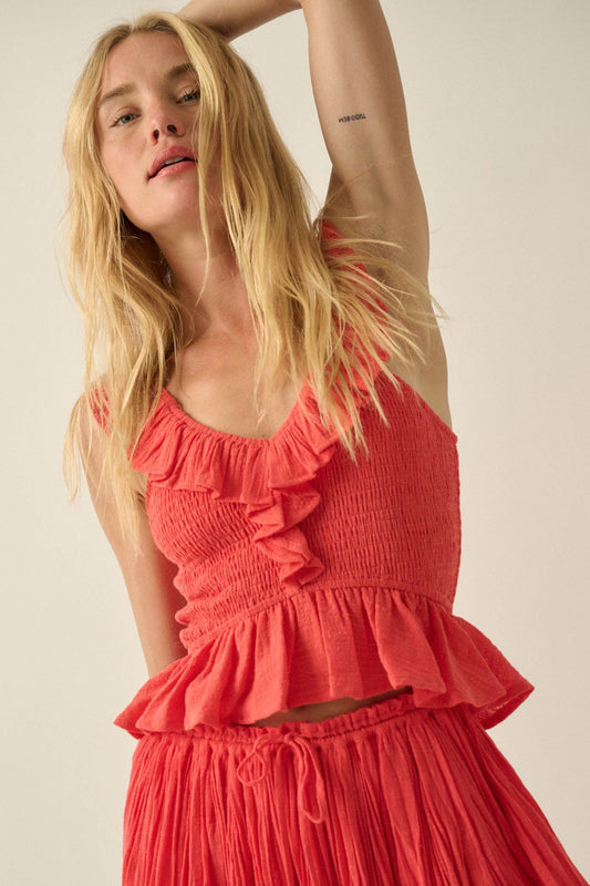Get Free Smocked Cotton Gauze V-Neck Ruffle Top