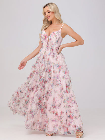 Flowy A-Line V-Neck Pink Floral Tulle Bridesmaid Dresses
