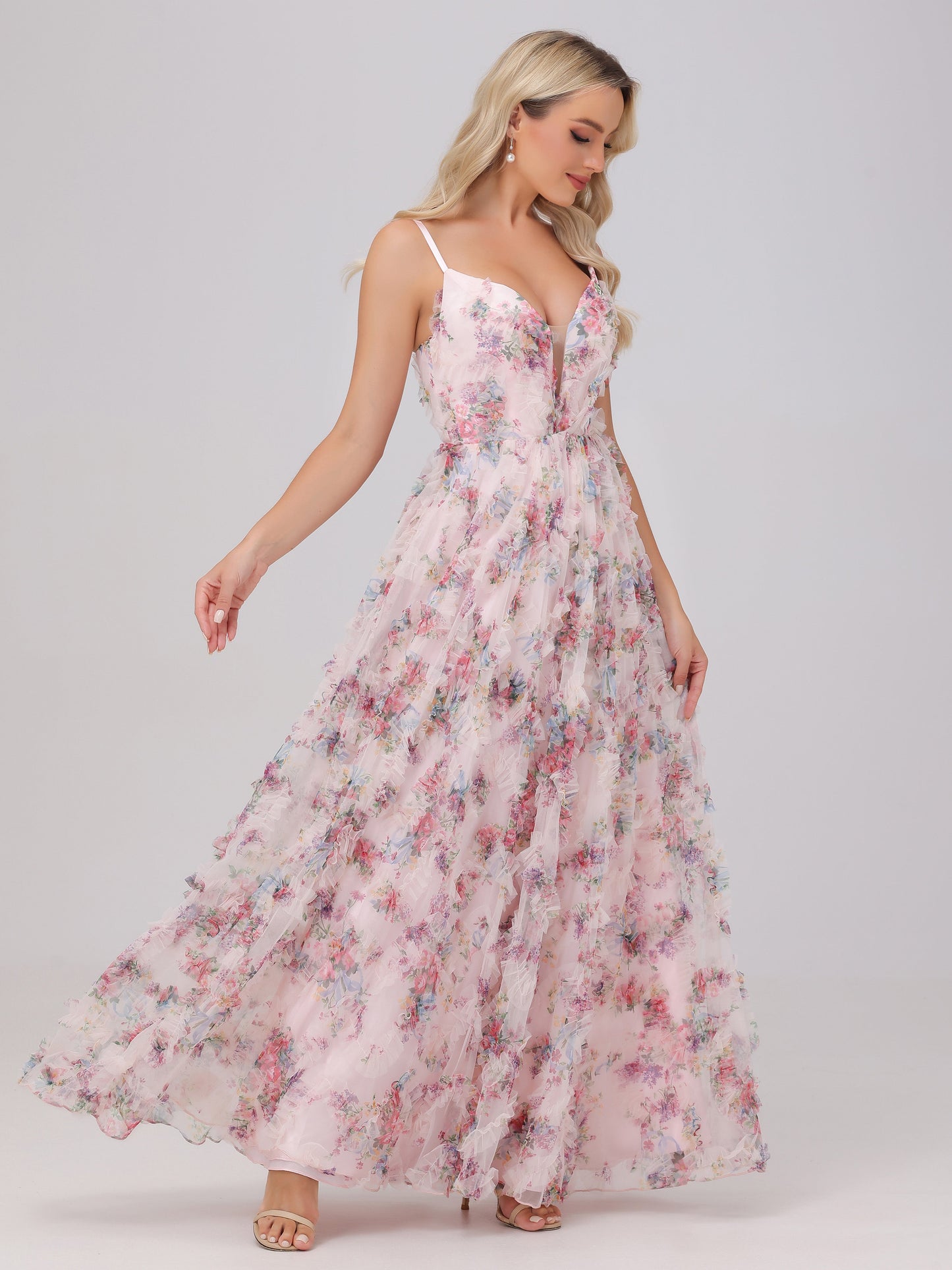 Flowy A-Line V-Neck Pink Floral Tulle Bridesmaid Dresses
