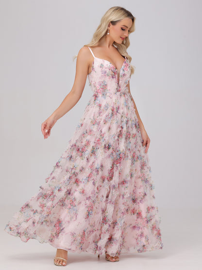 Flowy A-Line V-Neck Pink Floral Tulle Bridesmaid Dresses