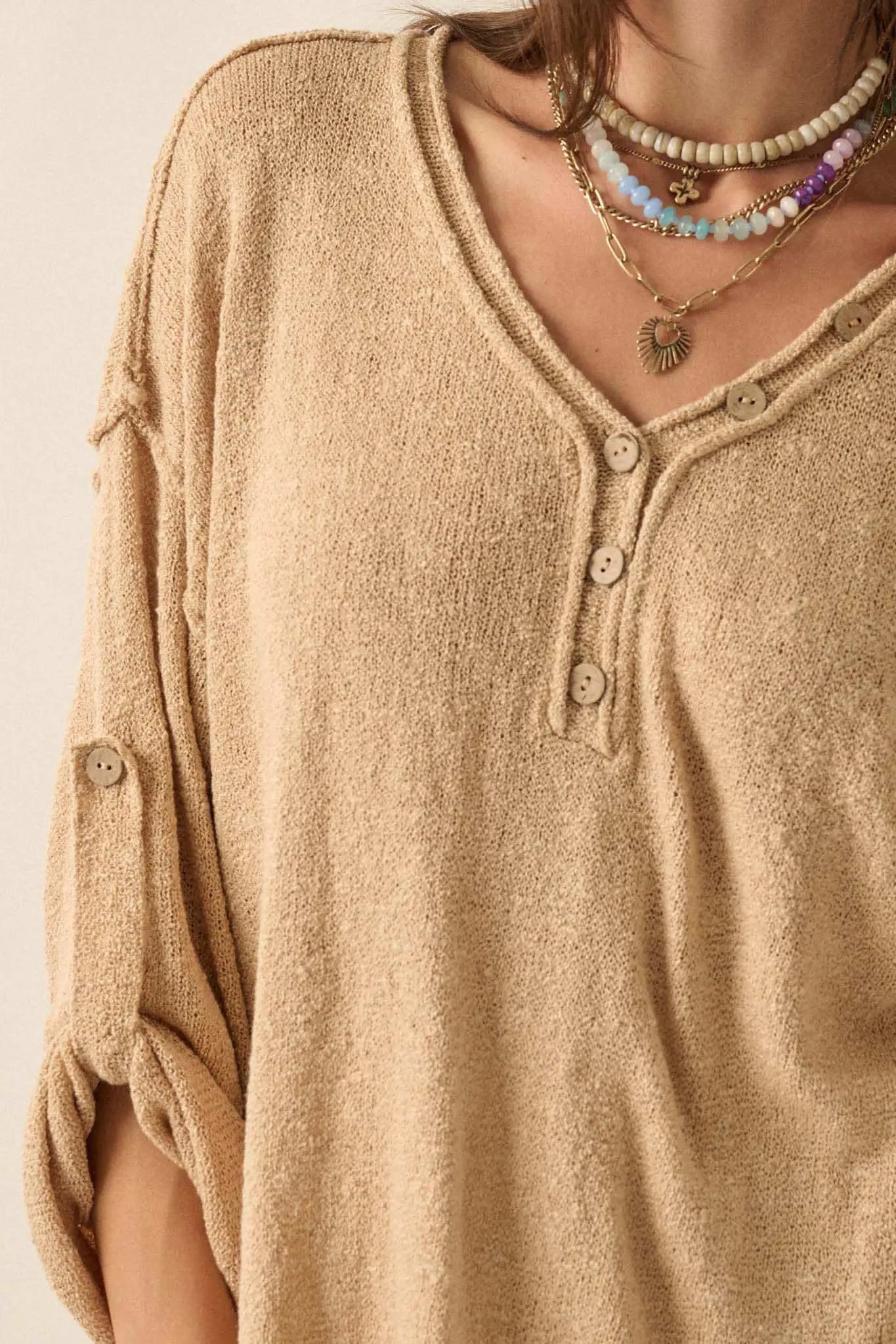 Slow Your Roll Exposed-Seam Roll-Up Henley Sweater