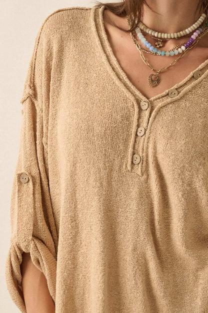 Slow Your Roll Exposed-Seam Roll-Up Henley Sweater