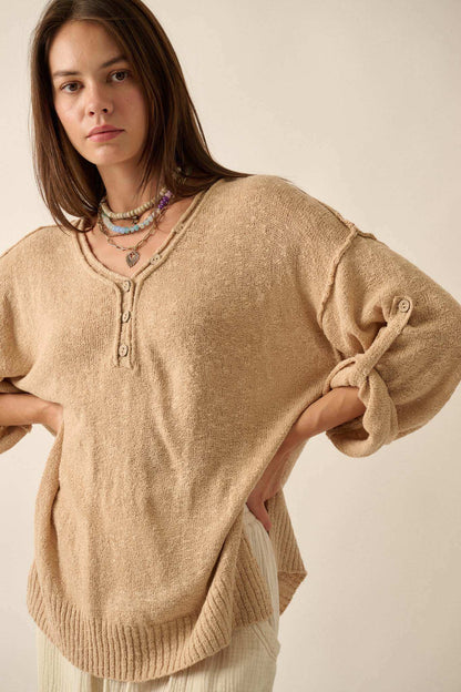 Slow Your Roll Exposed-Seam Roll-Up Henley Sweater