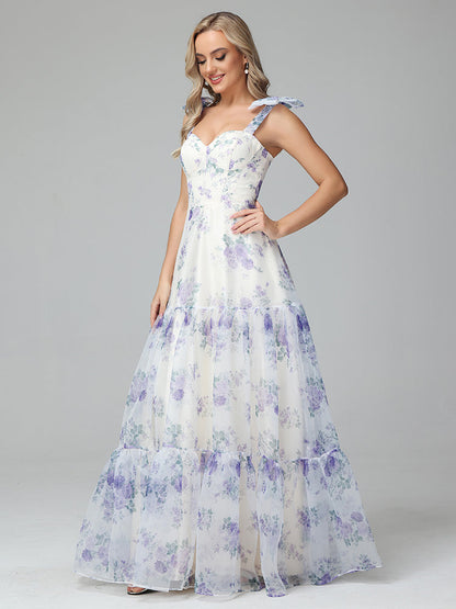 Elegant Floral Print Lace Up Floor Length Bridesmaid Dresses