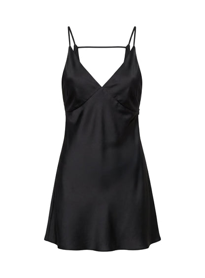 Adette V Neck Satin Mini Dress Black