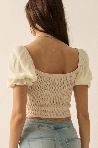 Daisy Daze Floral Crochet Cropped Puff-Sleeve Top