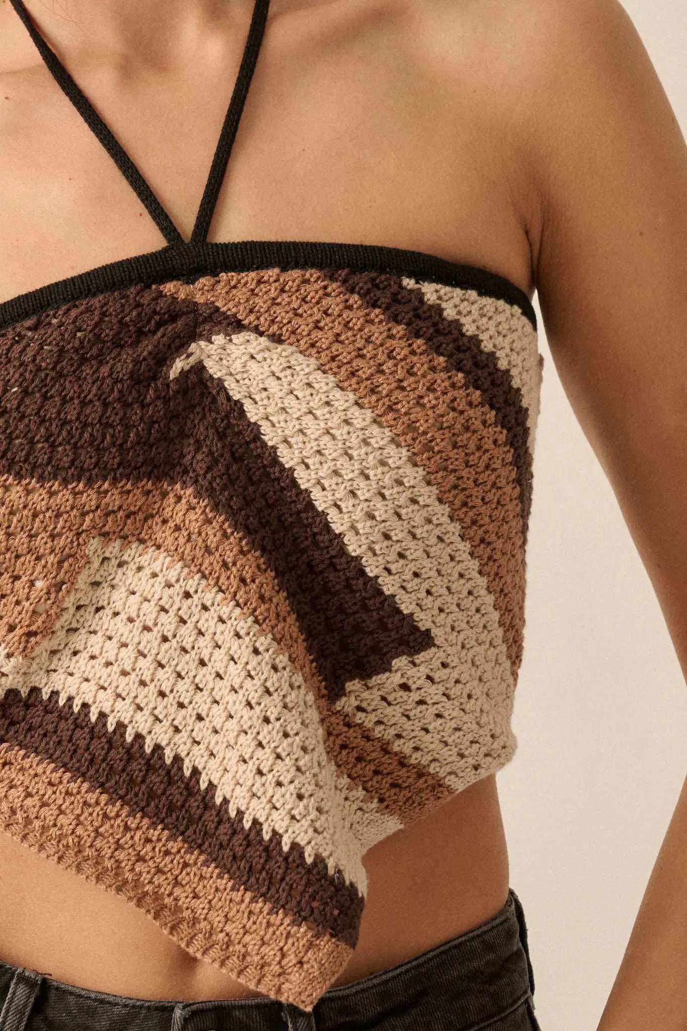 Deep Desert Striped Crochet Handkerchief Halter Top