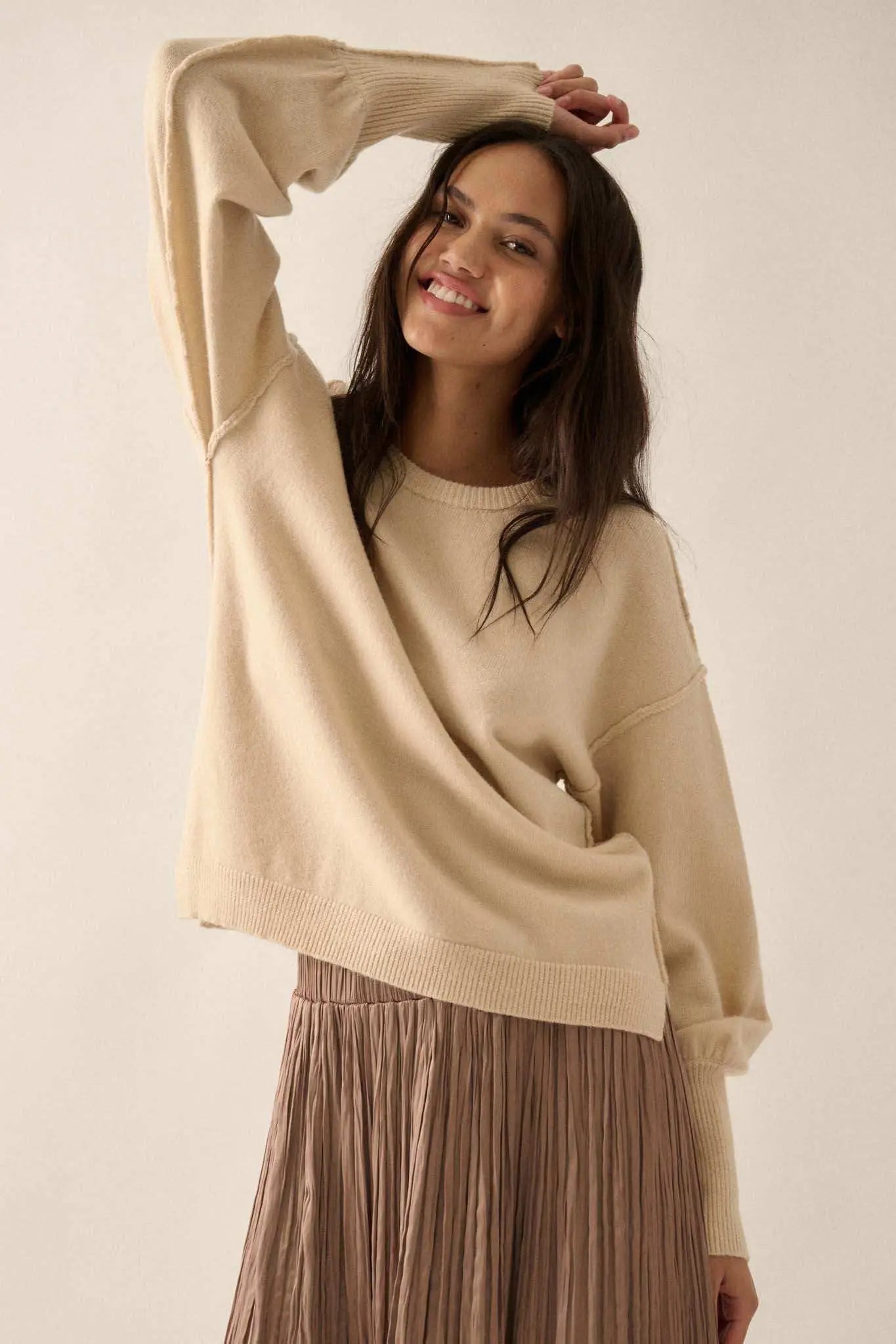 Old Soul Exposed-Seam Bishop-Sleeve Sweater
