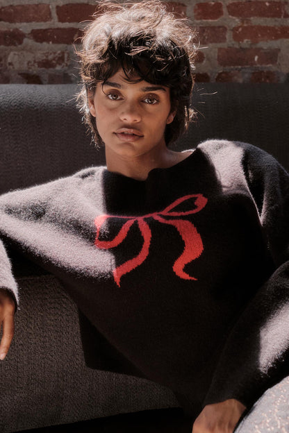 Let It Bow Exposed-Seam Bow Jacquard Knit Sweater