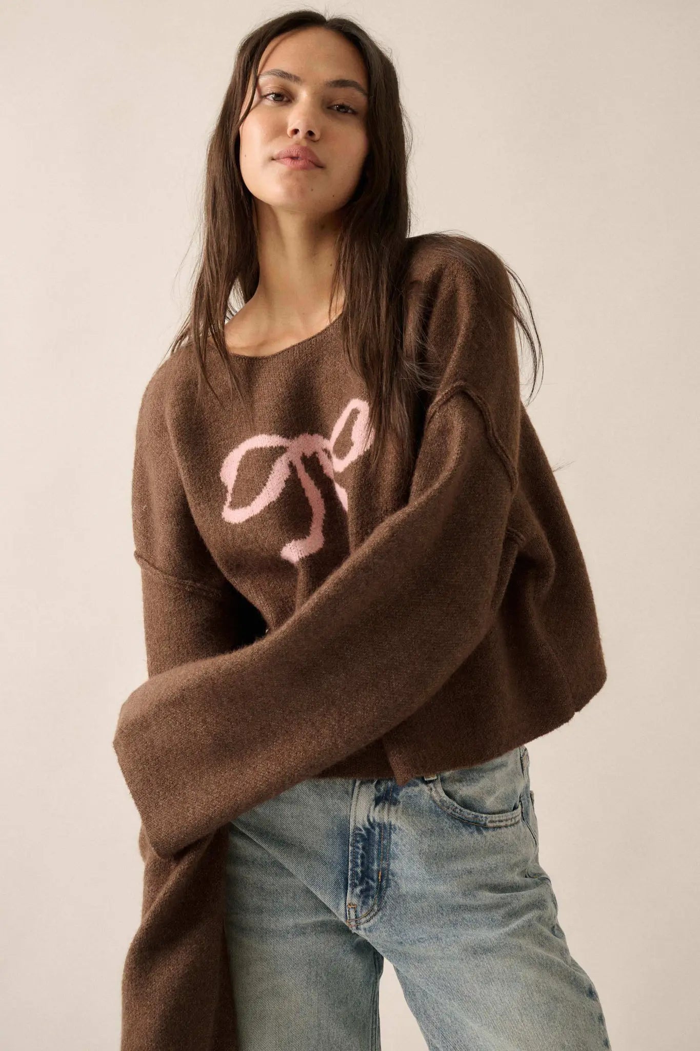 Let It Bow Exposed-Seam Bow Jacquard Knit Sweater