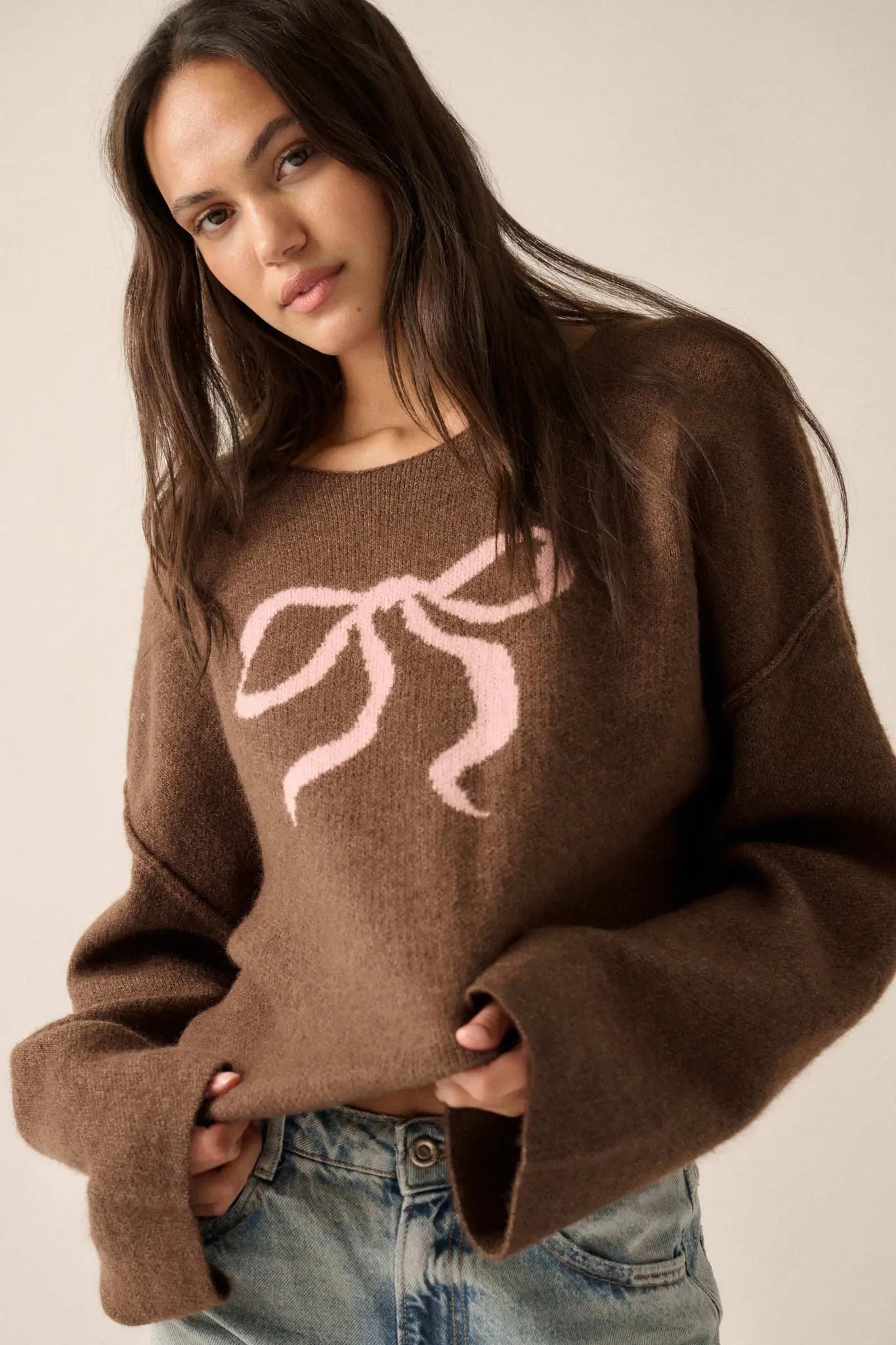 Let It Bow Exposed-Seam Bow Jacquard Knit Sweater