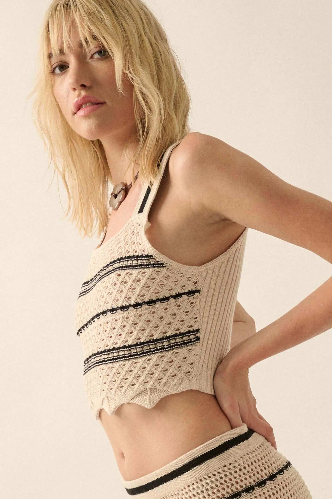 Cali Calling Striped Crochet Knit Cropped Tank Top
