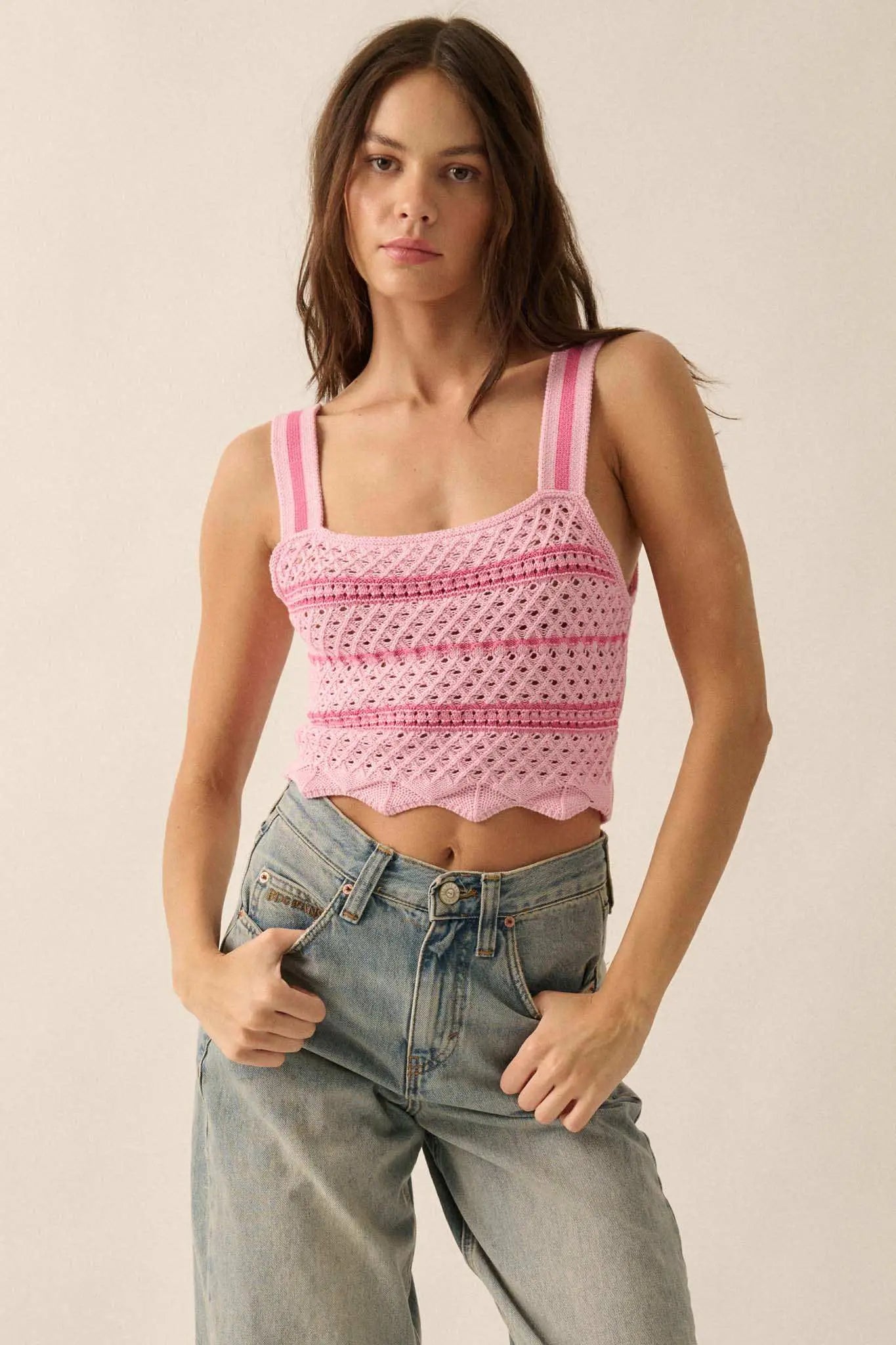 Cali Calling Striped Crochet Knit Cropped Tank Top