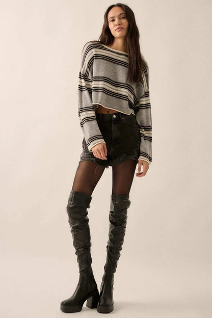 Level Best Striped Rolled-Edge Cropped Sweater