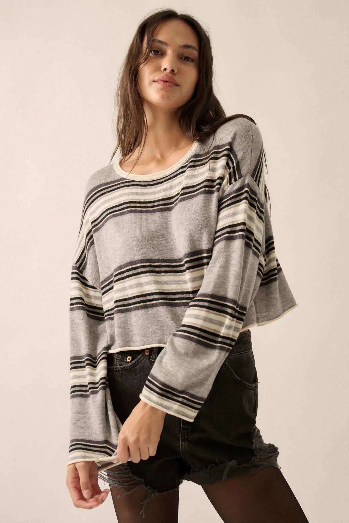 Level Best Striped Rolled-Edge Cropped Sweater