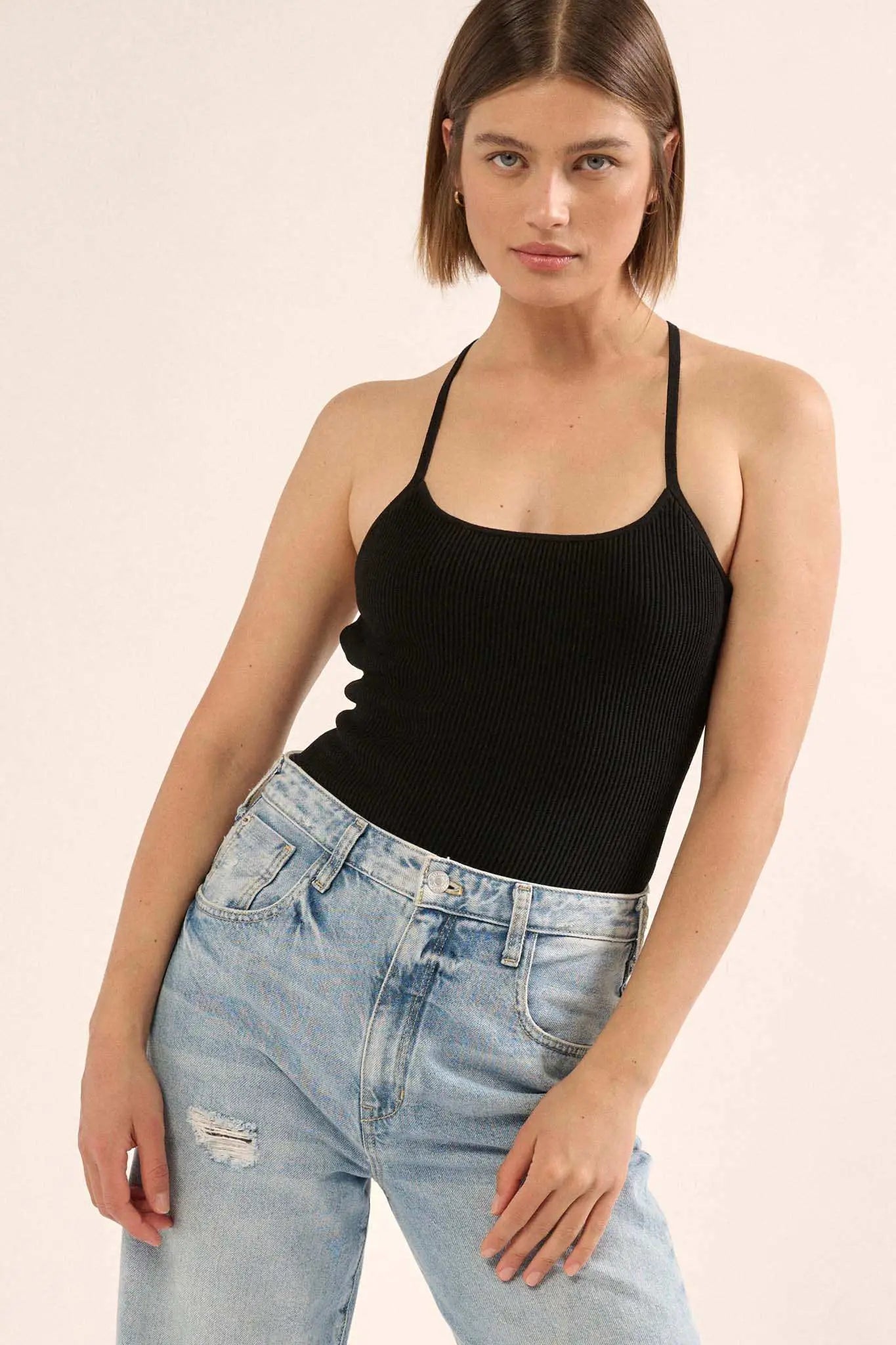 Shaper Fit Scoopneck Rib-Knit Open-Back Bodysuit
