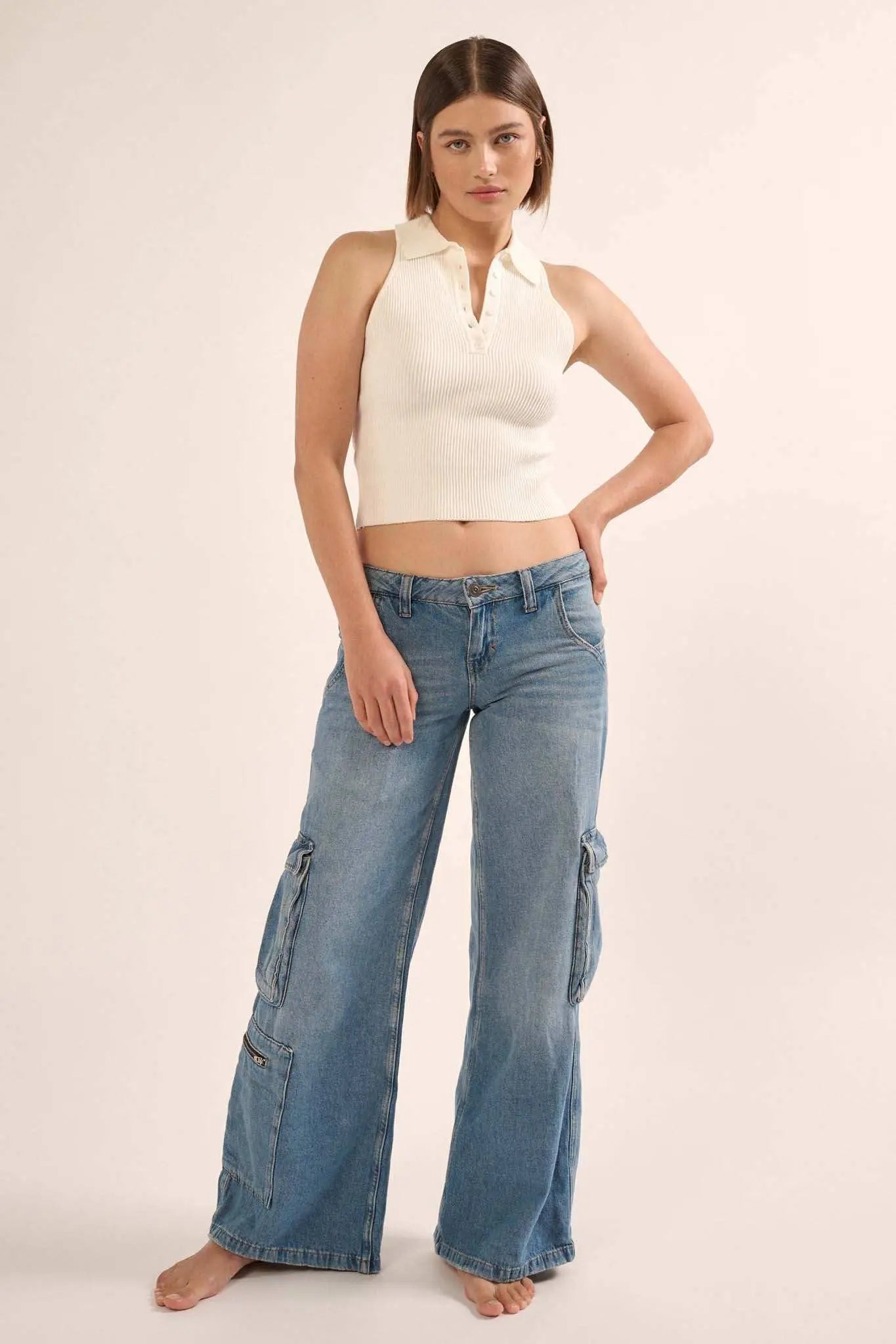 Shaper Fit Collared Rib-Knit Sleeveless Polo Top