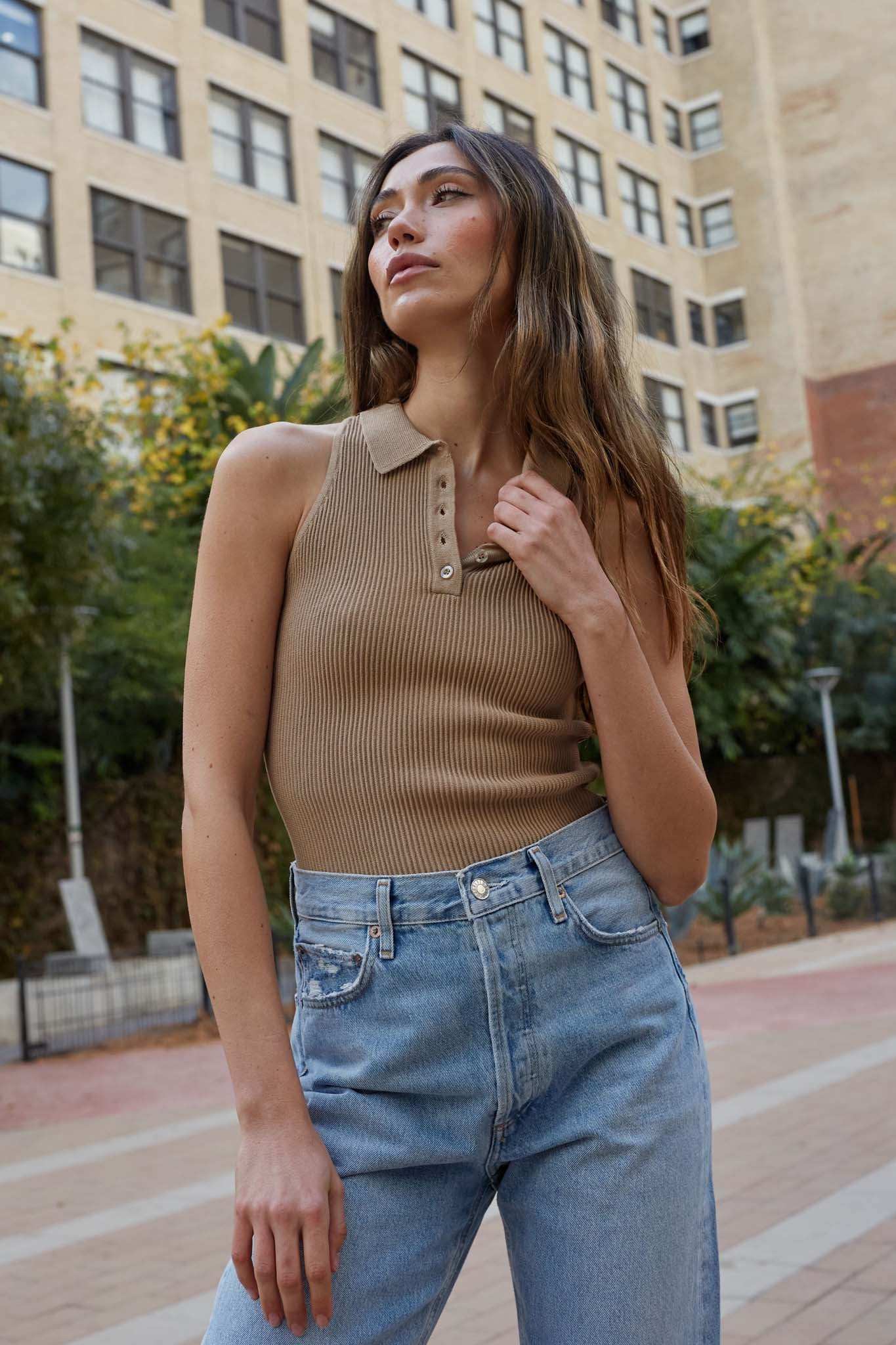 Shaper Fit Collared Rib-Knit Sleeveless Polo Top
