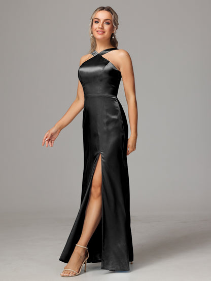 Halter Sleeveless Soft Satin Bridesmaid Dress