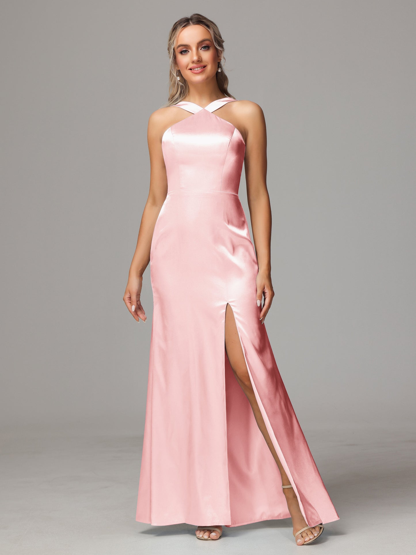 Halter Sleeveless Soft Satin Bridesmaid Dress
