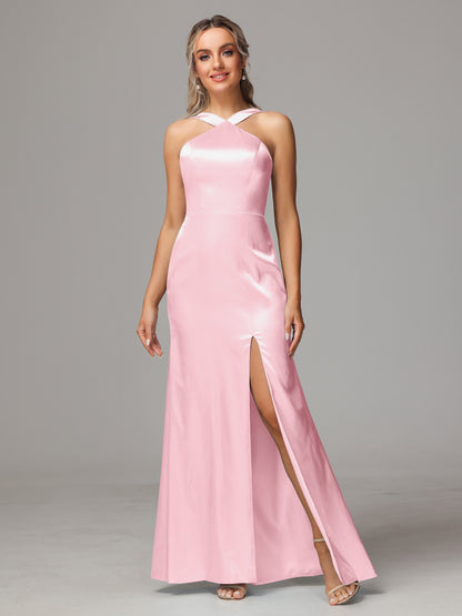 Halter Sleeveless Soft Satin Bridesmaid Dress