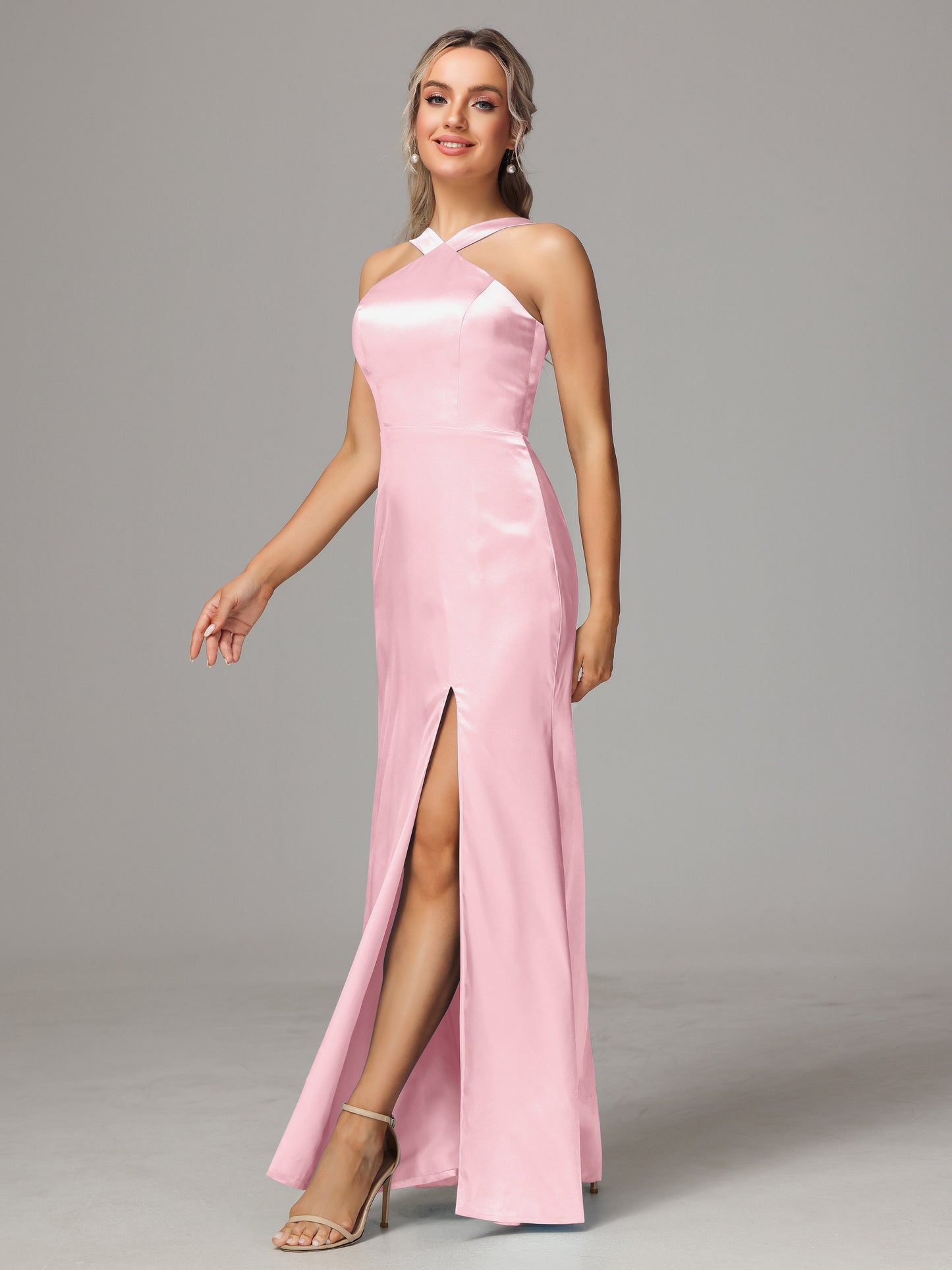 Halter Sleeveless Soft Satin Bridesmaid Dress