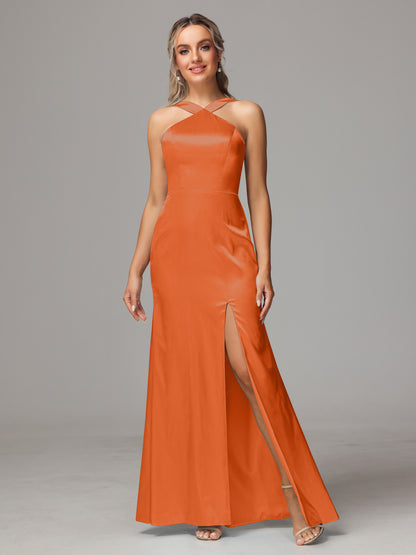 Halter Sleeveless Soft Satin Bridesmaid Dress