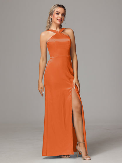 Halter Sleeveless Soft Satin Bridesmaid Dress