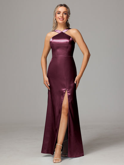 Halter Sleeveless Soft Satin Bridesmaid Dress