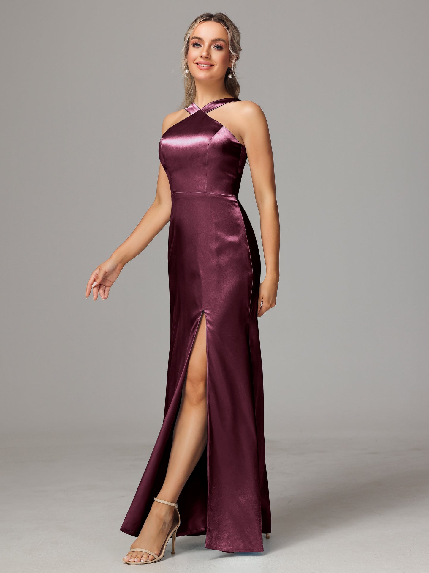 Halter Sleeveless Soft Satin Bridesmaid Dress