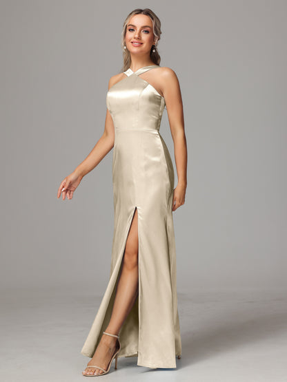 Halter Sleeveless Soft Satin Bridesmaid Dress