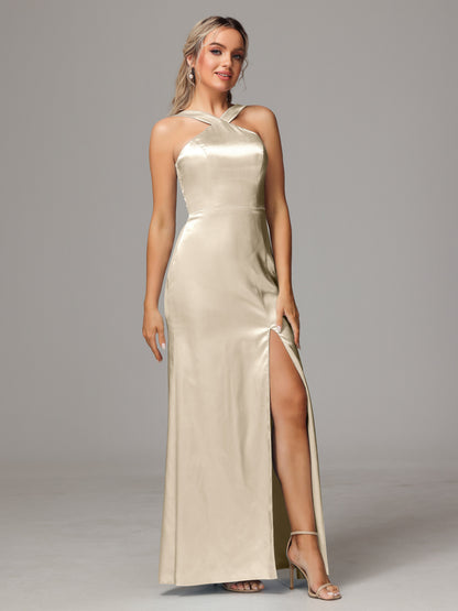 Halter Sleeveless Soft Satin Bridesmaid Dress