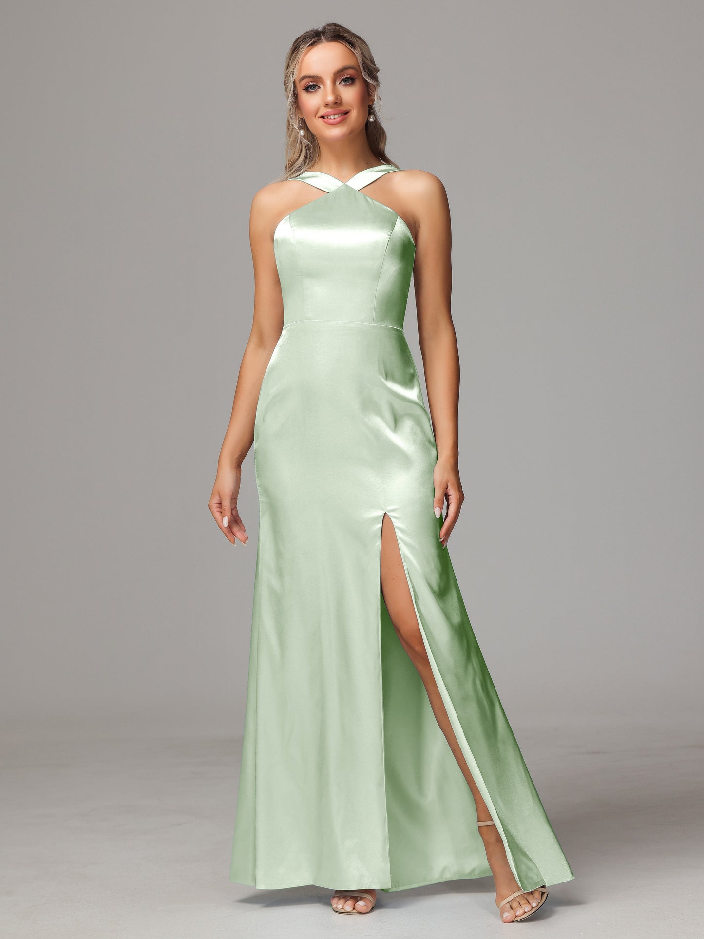 Halter Sleeveless Soft Satin Bridesmaid Dress