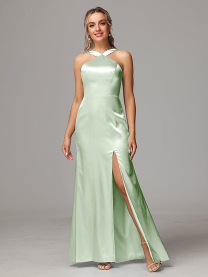 Halter Sleeveless Soft Satin Bridesmaid Dress