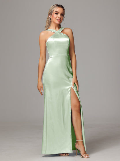 Halter Sleeveless Soft Satin Bridesmaid Dress
