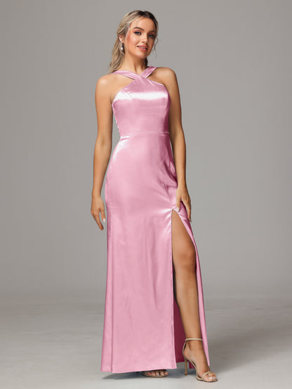 Halter Sleeveless Soft Satin Bridesmaid Dress