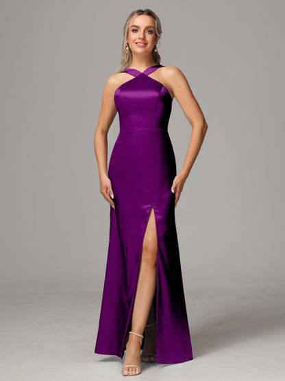 Halter Sleeveless Soft Satin Bridesmaid Dress