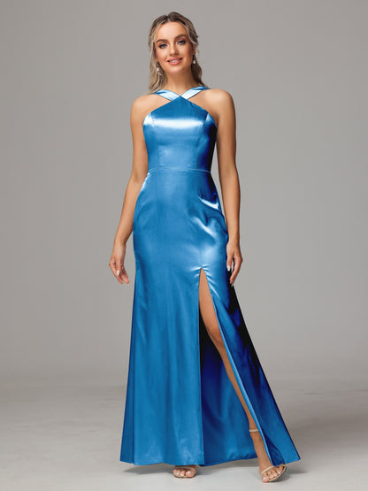 Halter Sleeveless Soft Satin Bridesmaid Dress