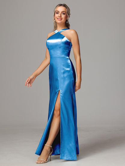 Halter Sleeveless Soft Satin Bridesmaid Dress