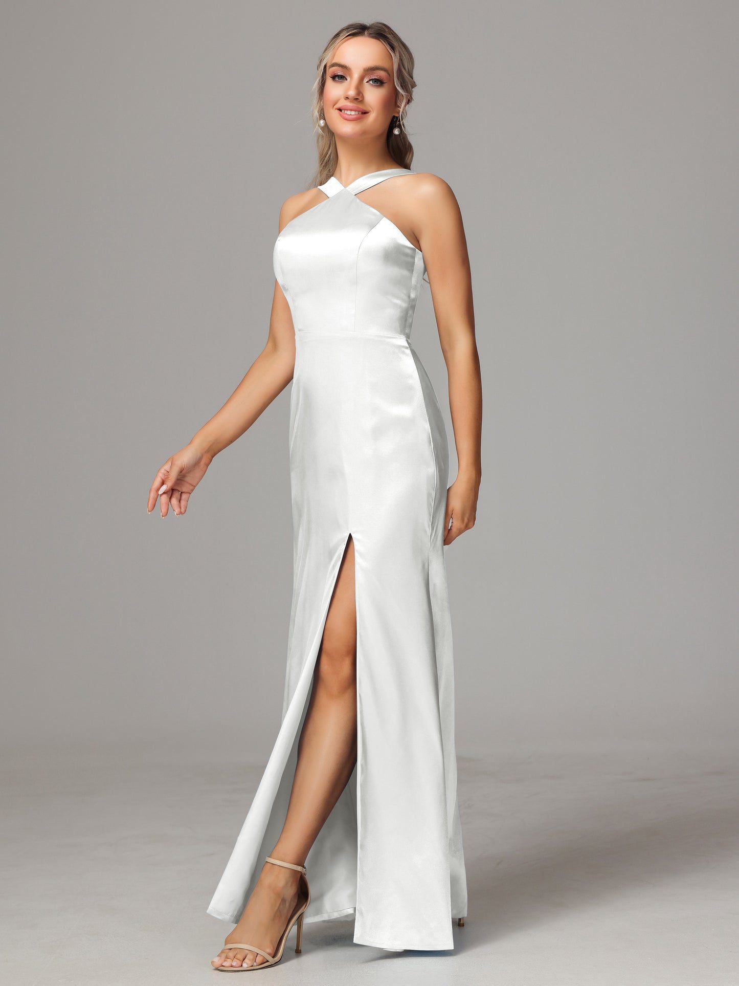 Halter Sleeveless Soft Satin Bridesmaid Dress