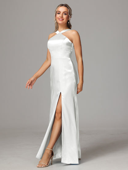 Halter Sleeveless Soft Satin Bridesmaid Dress