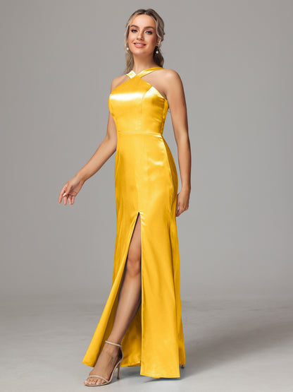 Halter Sleeveless Soft Satin Bridesmaid Dress