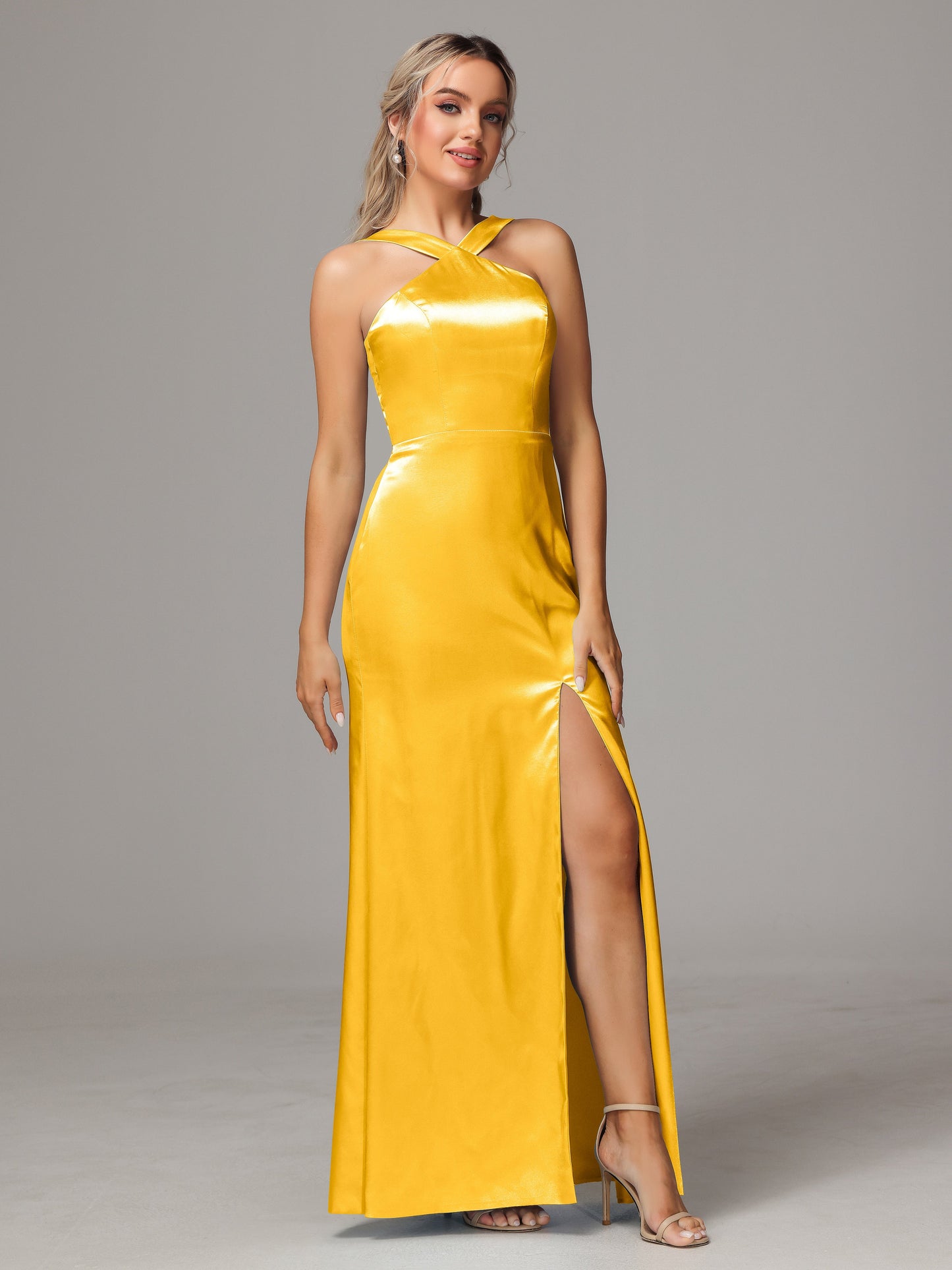 Halter Sleeveless Soft Satin Bridesmaid Dress